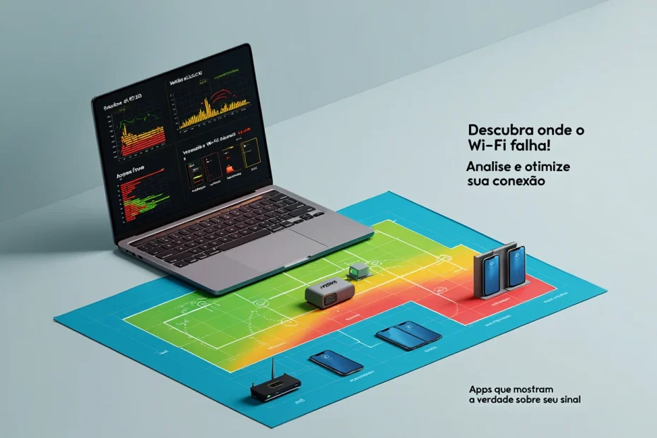 Ilustração de um usuário analisando o sinal de Wi-Fi em casa usando aplicativo com mapa de calor e gráficos de intensidade de sinal