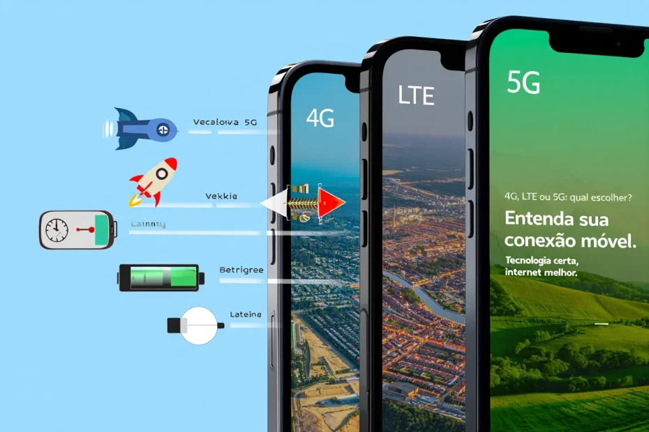 Comparação visual entre as redes móveis 4G, LTE e 5G em smartphones, com ícones ilustrando velocidade, cobertura, latência e desempenho