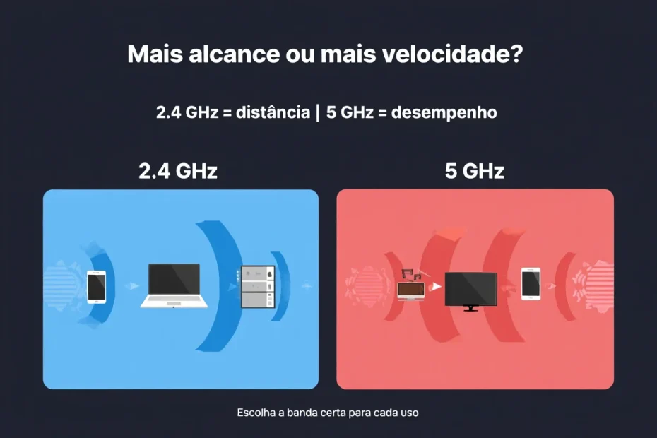 Ilustração comparativa entre Wi-Fi 2.4 GHz e 5 GHz mostrando diferenças em alcance, velocidade e uso ideal para cada situação