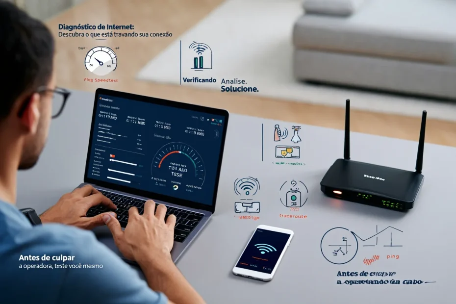 Pessoa testando a velocidade da internet em um notebook, observando o roteador e verificando sinal Wi-Fi, com ícones de ping, upload e jitter ao redor.