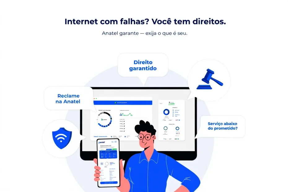 Imagem mostrando consumidor acessando informações da Anatel para registrar reclamação contra operadora de internet, com ícones de proteção e justiça