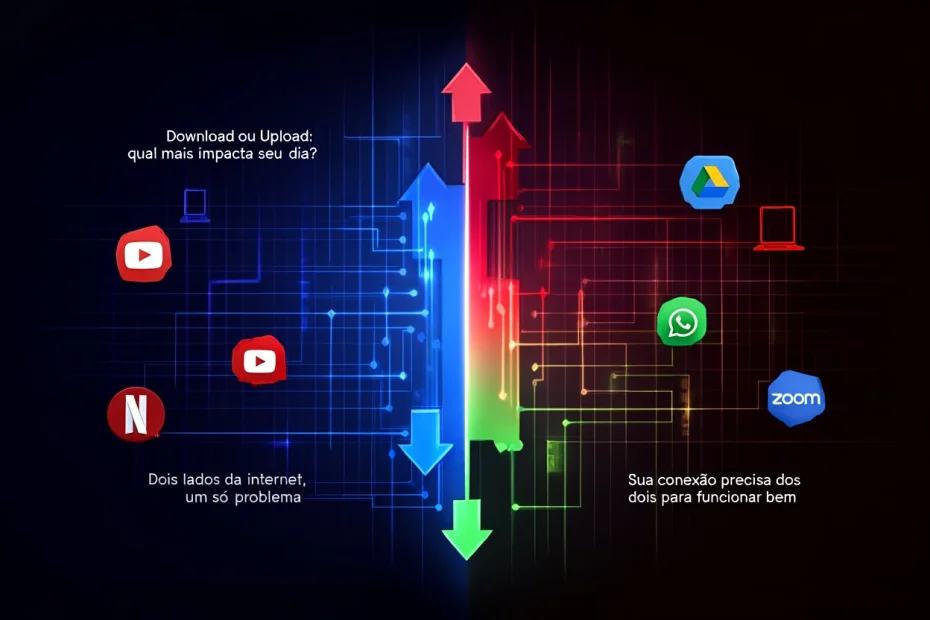 Imagem representando a diferença entre download e upload com setas opostas, ícones de streaming e videochamada, demonstrando como as duas velocidades influenciam o uso da internet no dia a dia.
