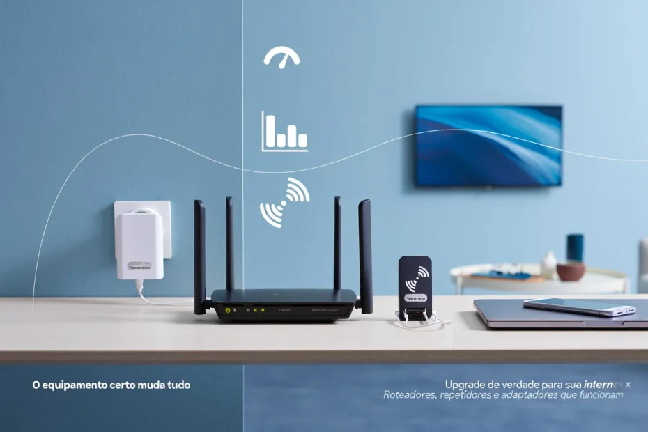 Imagem ilustrando roteador moderno, repetidor de sinal Wi-Fi e adaptador USB em ambiente doméstico, com ícones de conexão rápida e estável