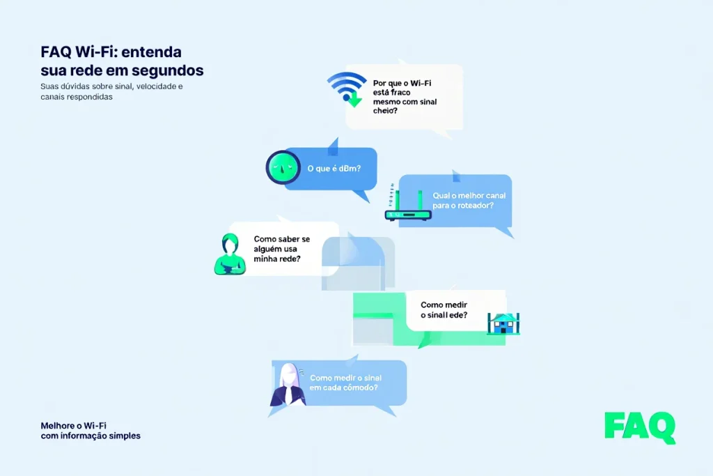 Infográfico com perguntas e respostas frequentes sobre análise de Wi-Fi, incluindo força de sinal, interferência, velocidade e otimização do roteador