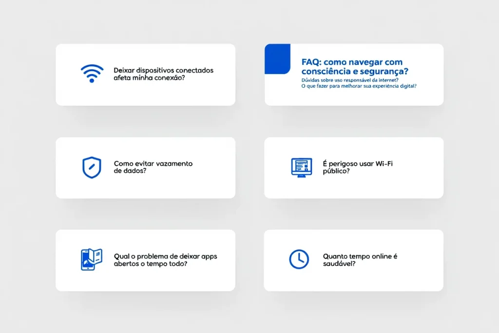 Infográfico com perguntas e respostas sobre boas práticas de internet, incluindo dicas de segurança, economia de dados e comportamento digital