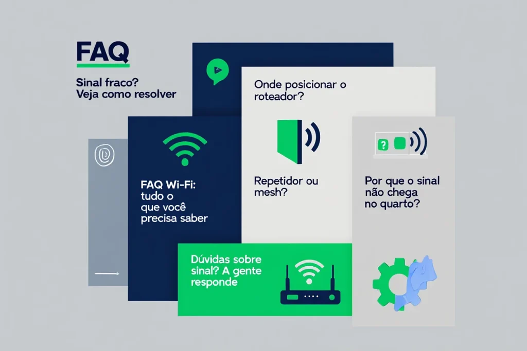 Infográfico com perguntas frequentes sobre como melhorar o sinal Wi-Fi em casa, com ícones de roteador, sinal de rede, frequência 2.4GHz e 5GHz e configurações de repetidor ou mesh.