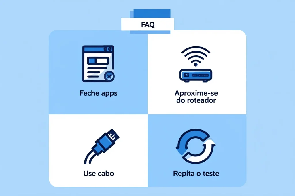Quadro ilustrativo com dicas visuais para obter testes de velocidade de internet mais precisos, incluindo uso de cabo ethernet, fechar aplicativos ativos e repetir medições em horários diferentes.