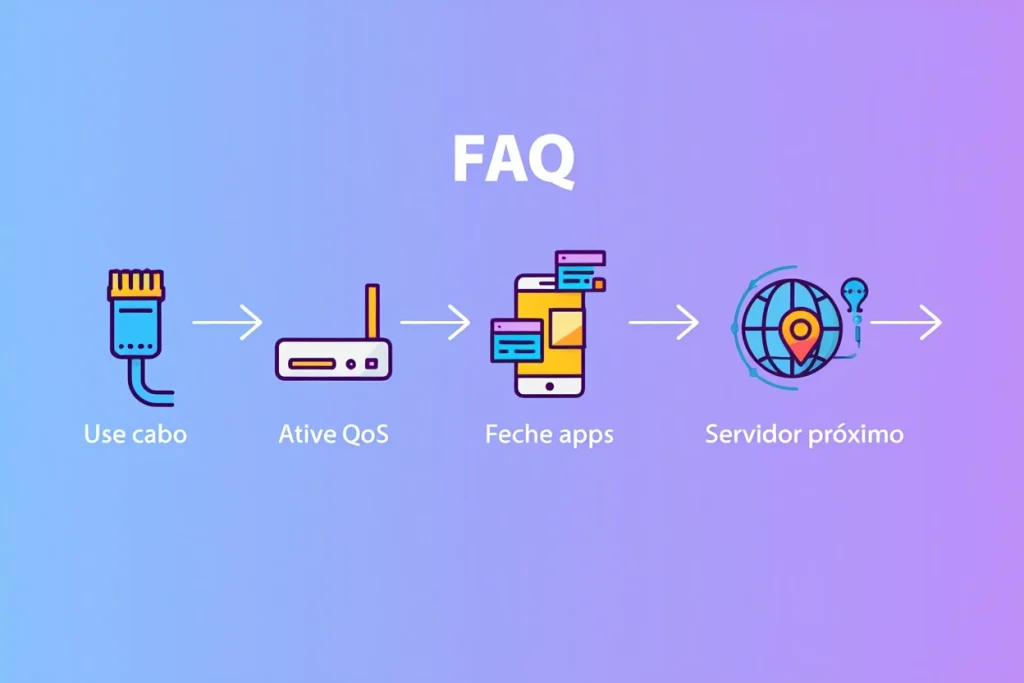 Infográfico ilustrativo com dicas de otimização de rede para reduzir latência, incluindo uso de cabo ethernet, QoS e servidores mais próximos.
