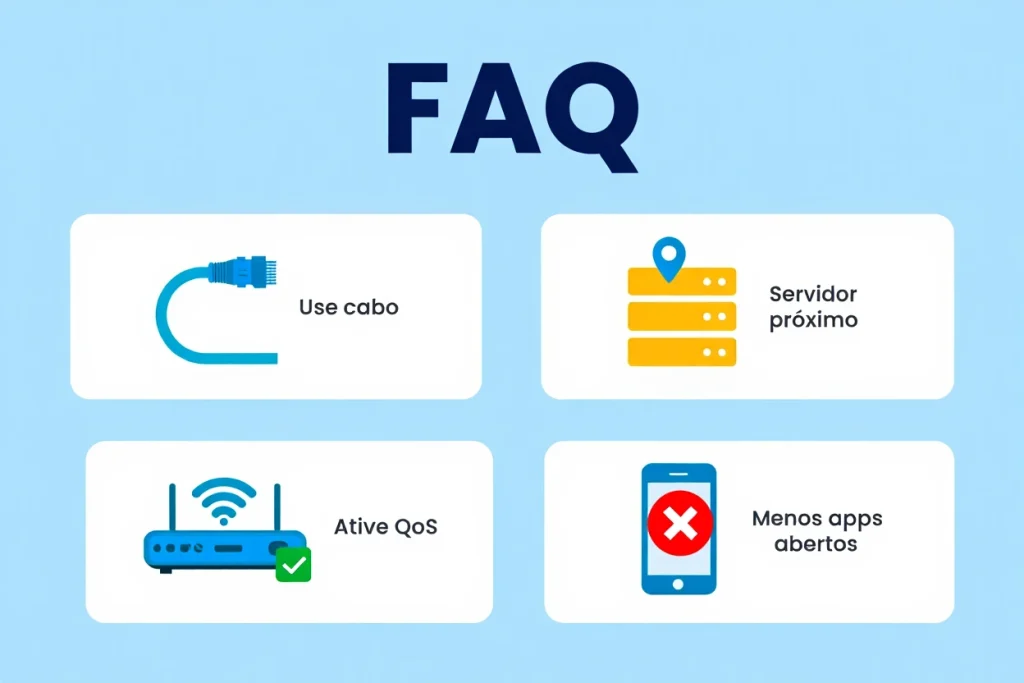 Infográfico com dicas para reduzir a latência em jogos e videoconferências, incluindo uso de cabo ethernet, QoS, servidores próximos e roteadores modernos.