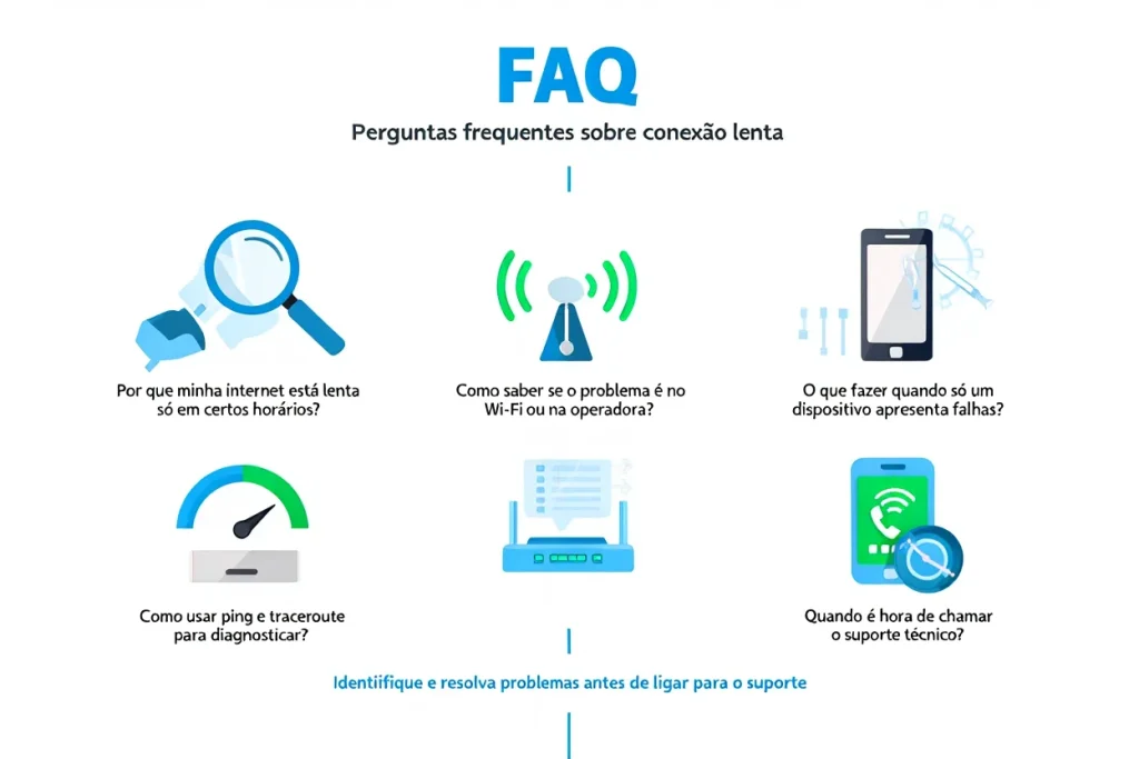 FAQ visual com perguntas e respostas sobre como identificar e solucionar problemas de internet lenta ou instável em casa, com ícones de roteador, cabo e velocidade.