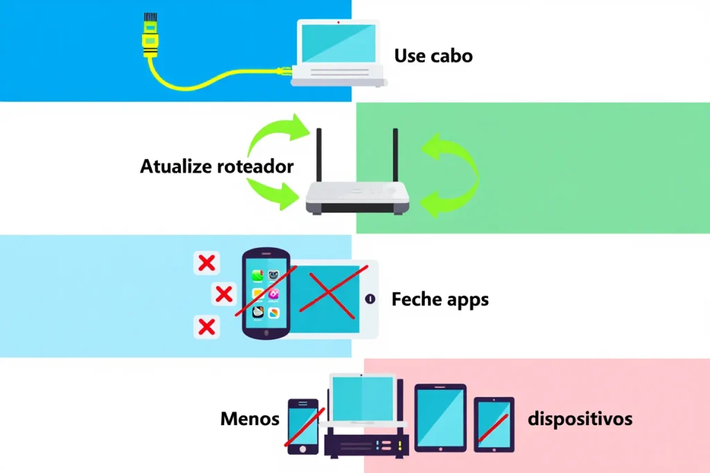 Quadro ilustrativo com dicas práticas para melhorar a velocidade de upload em chamadas e transmissões, como usar cabo ethernet, reduzir dispositivos conectados e manter o roteador atualizado.