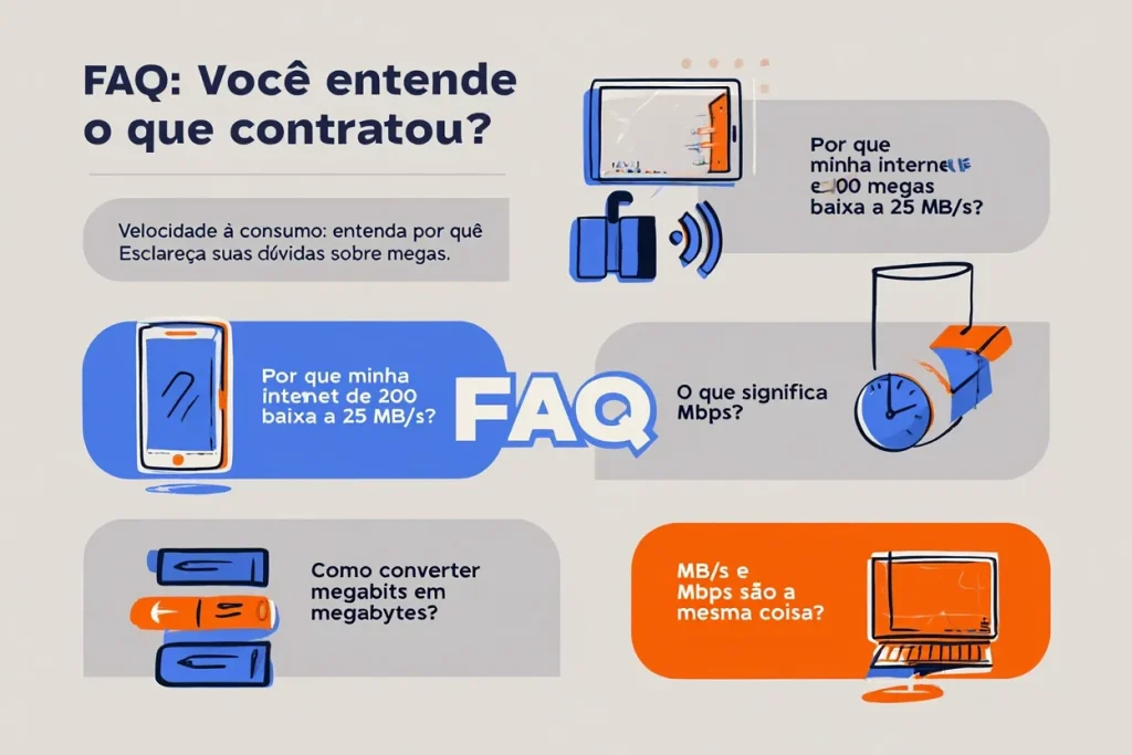 Infográfico respondendo dúvidas comuns sobre a diferença entre megabit e megabyte, com foco em velocidade contratada x velocidade percebida