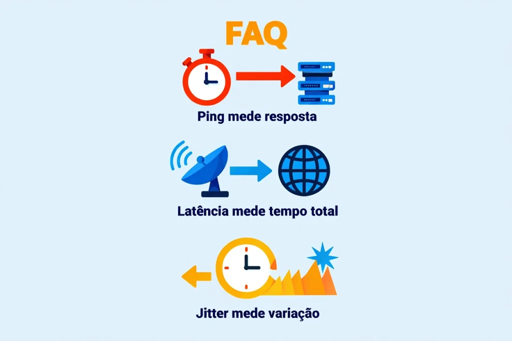 Infográfico explicativo mostrando a diferença entre ping, latência e jitter com ícones representando tempo de resposta, percurso dos dados e variações de estabilidade.