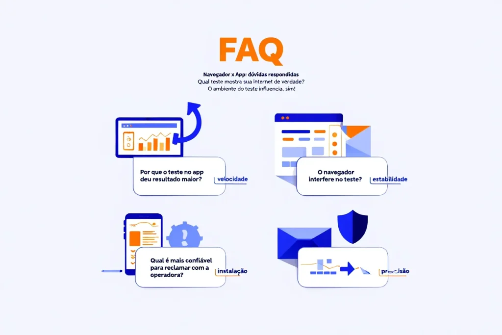 Infográfico visual explicando dúvidas frequentes sobre testes de velocidade feitos em app versus navegador, com ícones que representam precisão, praticidade, interferências e leitura correta dos dados.