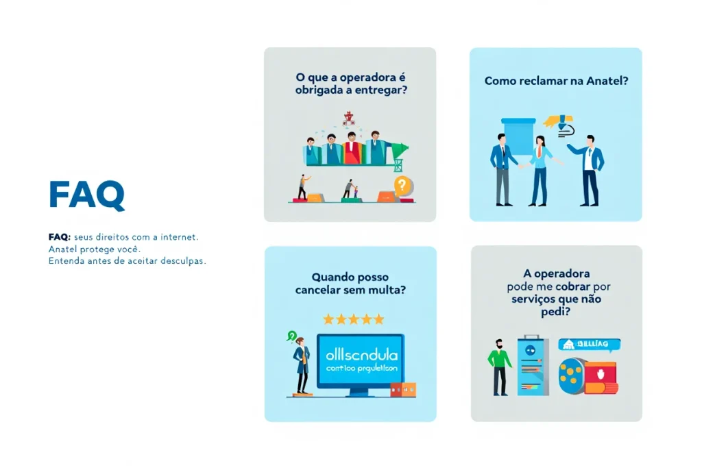 Infográfico com perguntas e respostas sobre os direitos dos consumidores de internet segundo a Anatel e como registrar reclamações