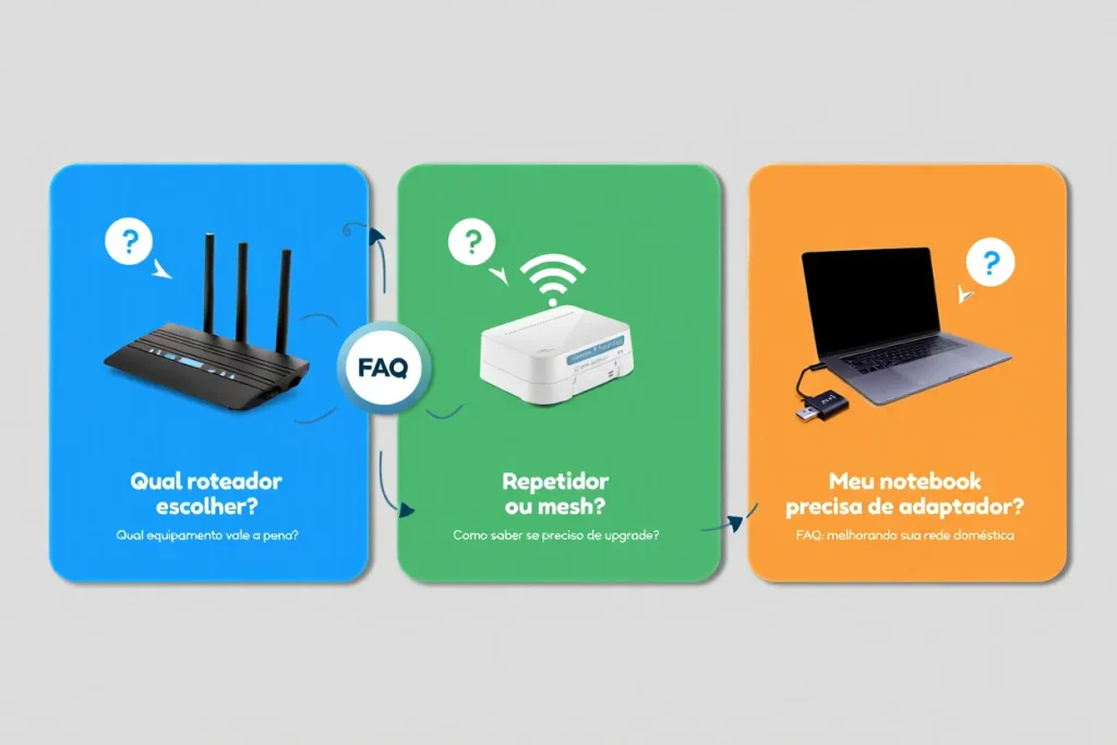 Infográfico com perguntas frequentes sobre escolha de roteadores, repetidores e adaptadores para melhorar a internet doméstica