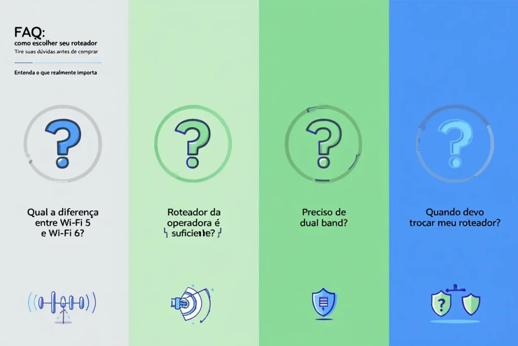 Infográfico com perguntas e respostas sobre escolha de roteadores, diferenças entre padrões de Wi-Fi, bandas e funcionalidades