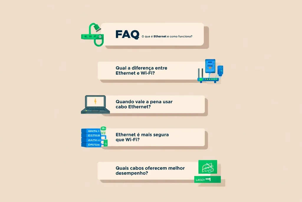 Infográfico com perguntas e respostas sobre uso da conexão Ethernet e comparação com Wi-Fi