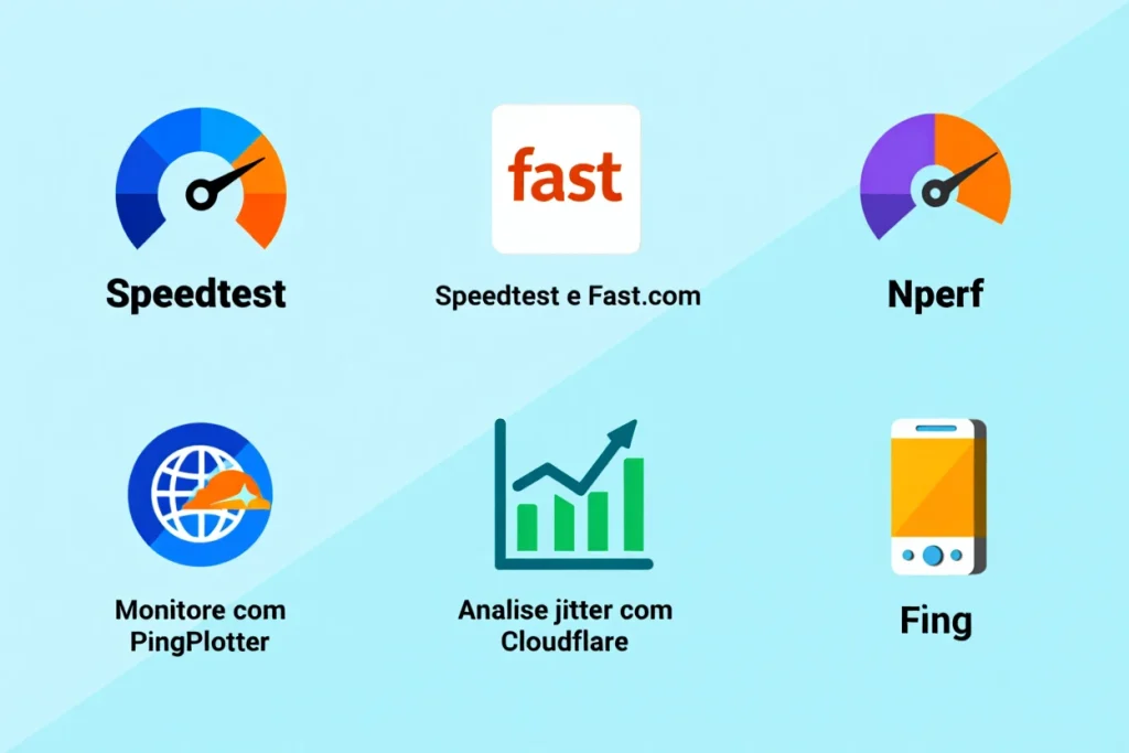 Infográfico com ícones e nomes das principais ferramentas para medir ping, jitter e latência, incluindo Speedtest, Fast.com, Nperf, Cloudflare Speed Test e PingPlotter.