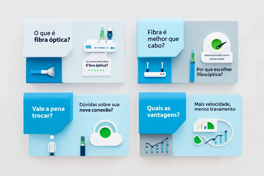 Infográfico com perguntas e respostas sobre fibra óptica, com ícones de velocidade, ping, estabilidade e cabos, destacando as vantagens da tecnologia em comparação a outras conexões.