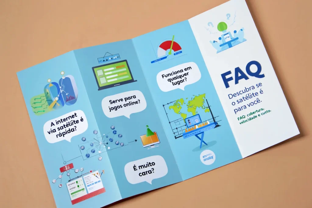 Infográfico visual com perguntas e respostas sobre o funcionamento, vantagens e limitações da internet via satélite em diferentes regiões