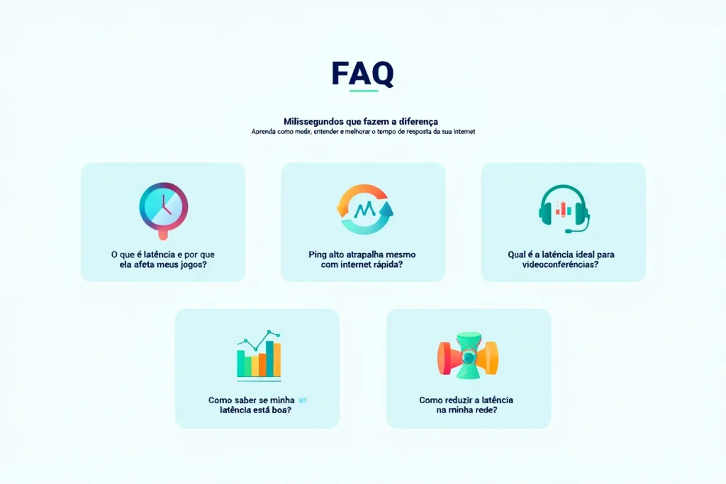 Imagem FAQ explicando as principais dúvidas sobre latência e ping para jogos e chamadas, com ícones e blocos de resposta simples.