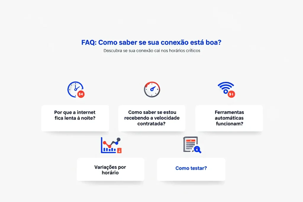 Infográfico com perguntas e respostas sobre como medir a performance da internet durante o dia, com ícones de gráfico de velocidade, ping, teste automatizado e alertas de falha de conexão.