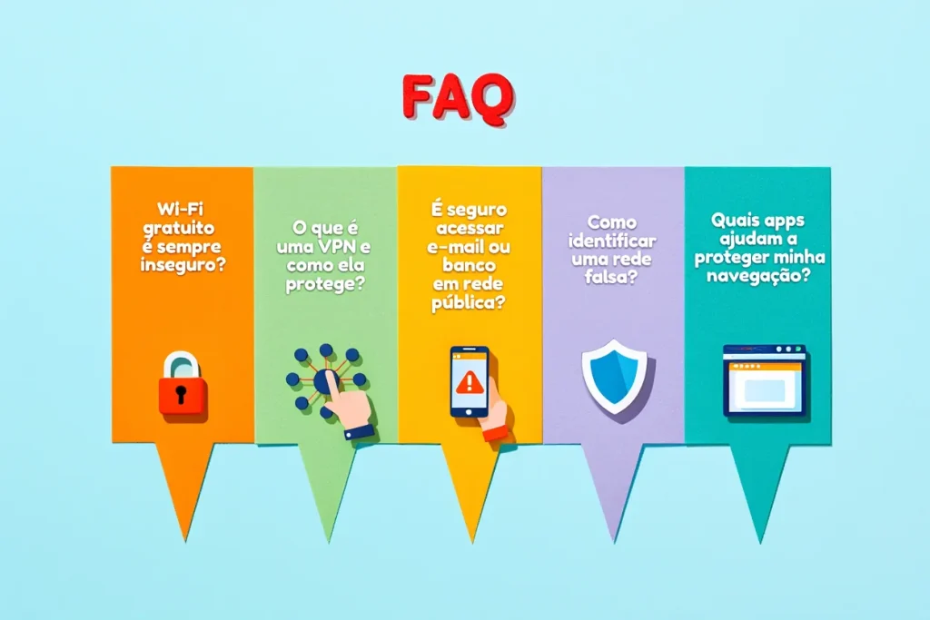 Infográfico com perguntas e respostas sobre como se proteger ao usar Wi-Fi gratuito em locais públicos