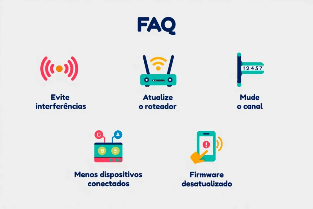 Infográfico mostrando as causas mais comuns de problemas de Wi-Fi, como interferência, canal congestionado e roteador desatualizado, com dicas práticas de correção.