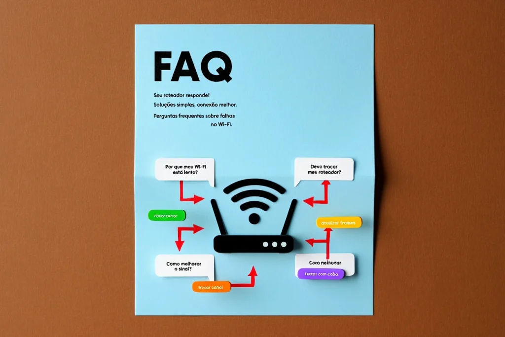 Infográfico visual representando perguntas comuns sobre roteadores e as soluções práticas para falhas de conexão Wi-Fi