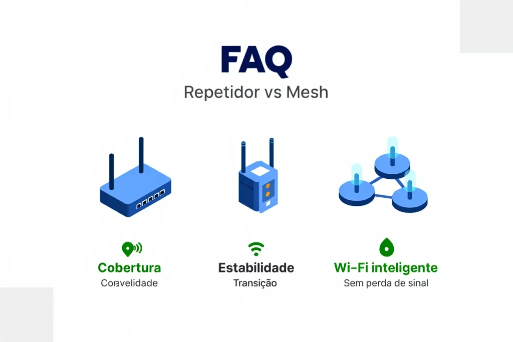 Infográfico comparando rede mesh com repetidores e roteadores comuns, destacando vantagens de cobertura e estabilidade.