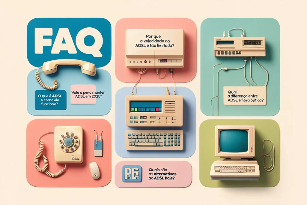 Infográfico com perguntas e respostas explicando como o ADSL funciona, suas limitações e alternativas atuais