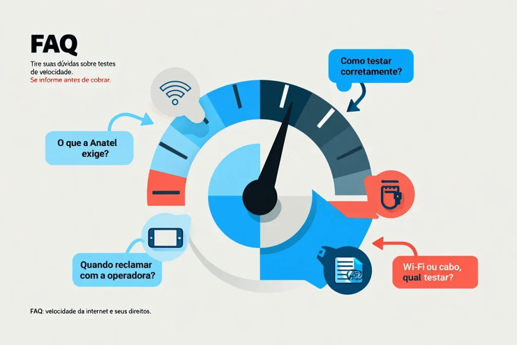 Infográfico com perguntas frequentes sobre como testar a velocidade da internet, exigências da Anatel e quando a operadora está em descumprimento
