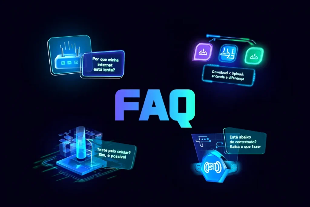 Infográfico ilustrando perguntas frequentes sobre teste de velocidade da internet, incluindo tópicos como diferença entre download e upload, como testar pelo celular, e o que fazer se a velocidade estiver abaixo do contratado.
