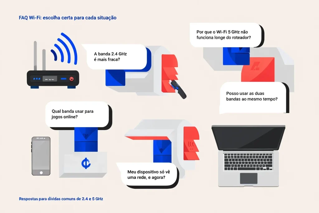 Infográfico com respostas para dúvidas comuns sobre redes Wi-Fi 2.4 GHz e 5 GHz e como escolher a melhor banda para cada uso