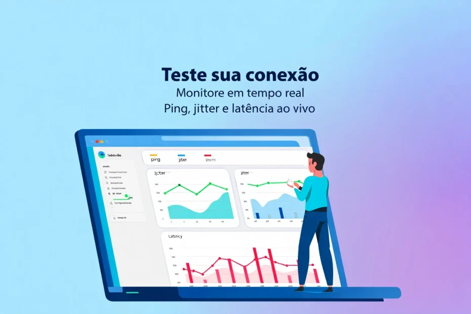 Pessoa analisando gráficos de ping, jitter e latência em um painel digital, representando ferramentas para medir a estabilidade da conexão de internet em tempo real.