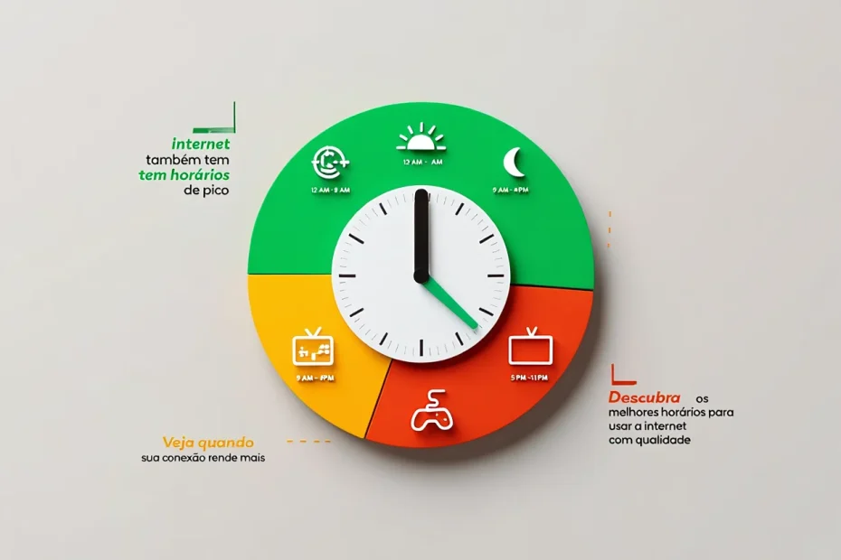 Ilustração em forma de relógio ou gráfico mostrando os melhores e piores horários para usar a internet, com faixas coloridas e ícones de uso doméstico.