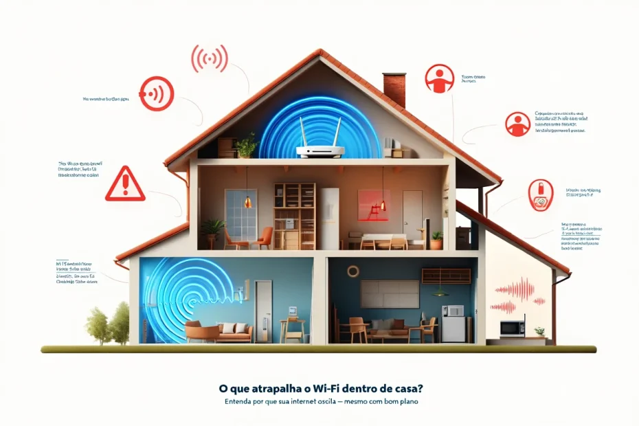 Esquema visual de uma casa com roteador Wi-Fi e diversos elementos interferentes como micro-ondas, espelhos e paredes grossas bloqueando o sinal.
