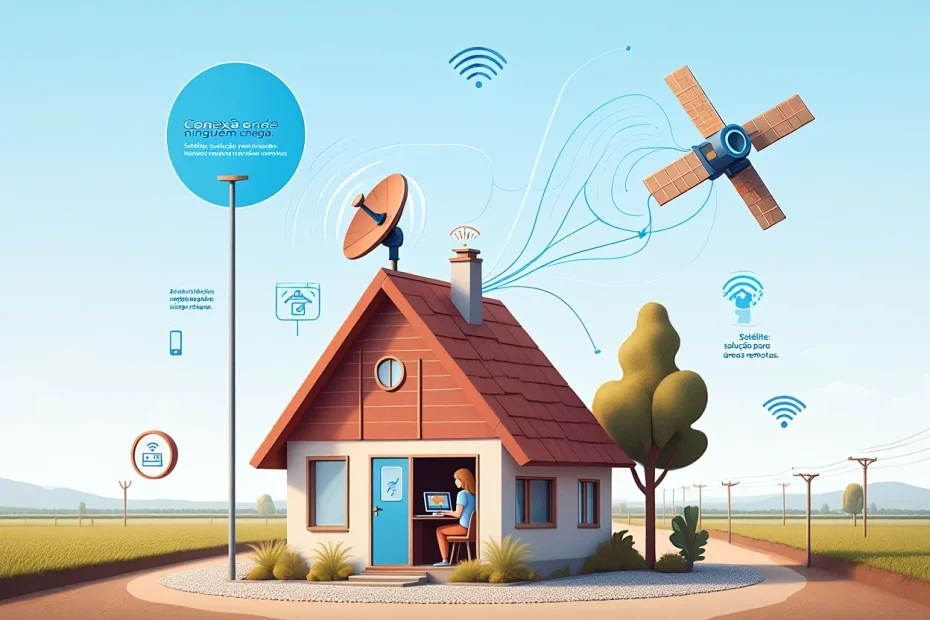 Imagem representando casa em área rural conectada via internet satelital, com antena parabólica e satélite em órbita fornecendo sinal