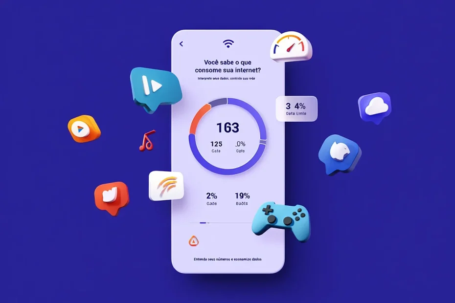 Imagem ilustrando gráficos de consumo de internet, com destaque para dados em GB, aplicativos ativos e tipos de atividade como streaming, chamadas e redes sociais, exibidos em smartphone ou painel de roteador.