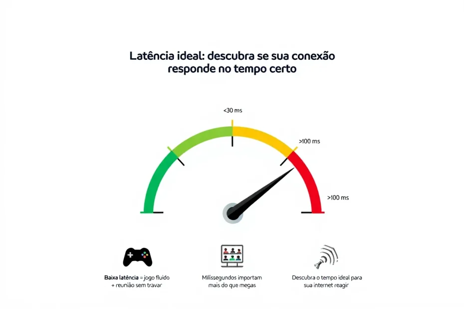 Gráfico com faixas de latência representando níveis de qualidade para jogos e chamadas de vídeo, com ícones de gamepad e reunião online.