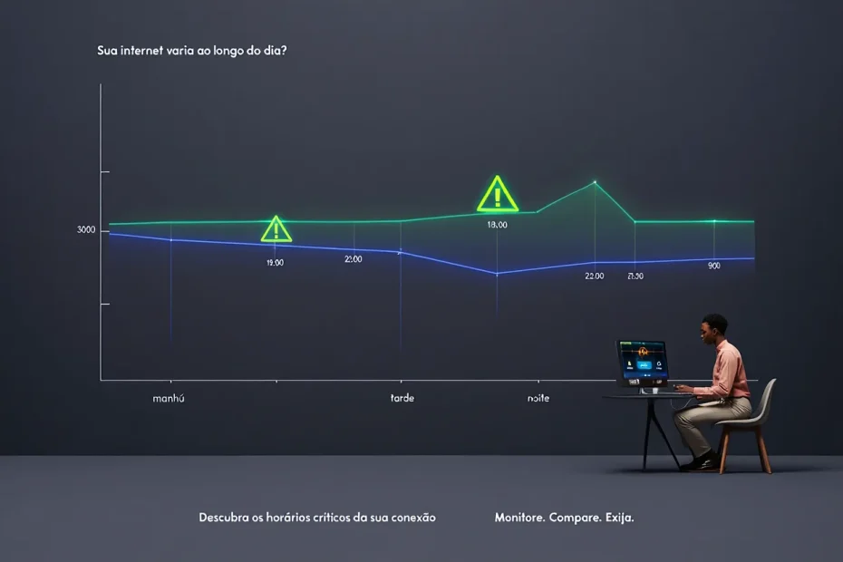 Gráfico mostrando variações de velocidade de internet em diferentes horários, com destaques para quedas à noite, além de uma interface de teste de velocidade com indicadores de ping, download e upload.