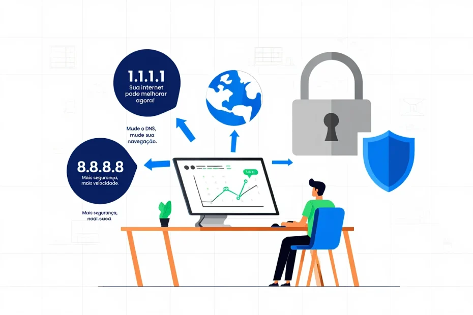 Imagem mostrando usuário ajustando configurações de DNS em dispositivo, com representação visual de aumento de velocidade e segurança na internet