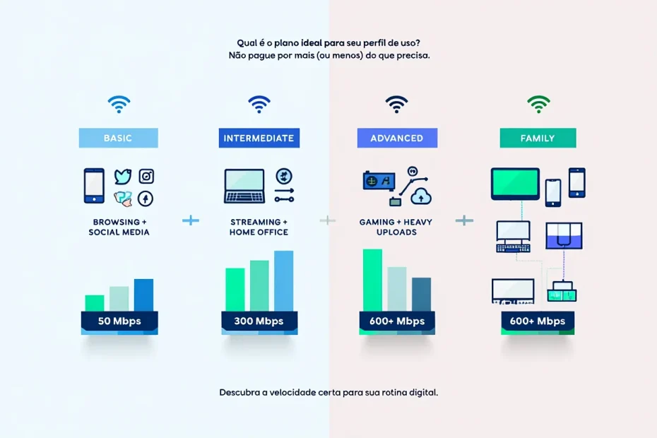 Imagem comparando perfis de usuários de internet e as velocidades recomendadas para cada um: básico, intermediário, avançado e familiar