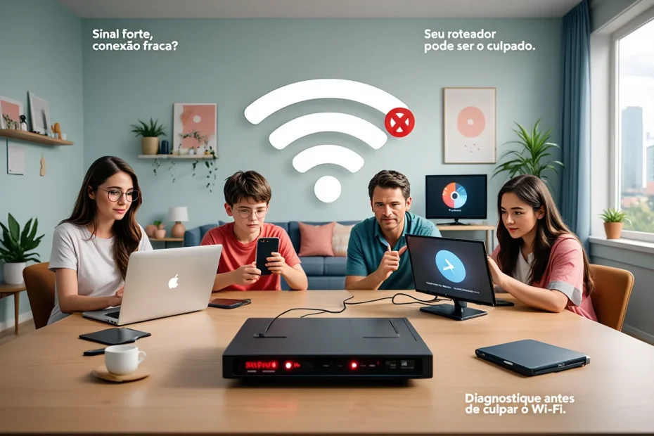 Imagem ilustrativa de um ambiente doméstico com pessoas tentando usar dispositivos conectados, mas enfrentando falhas de internet causadas por problemas no roteador Wi-Fi