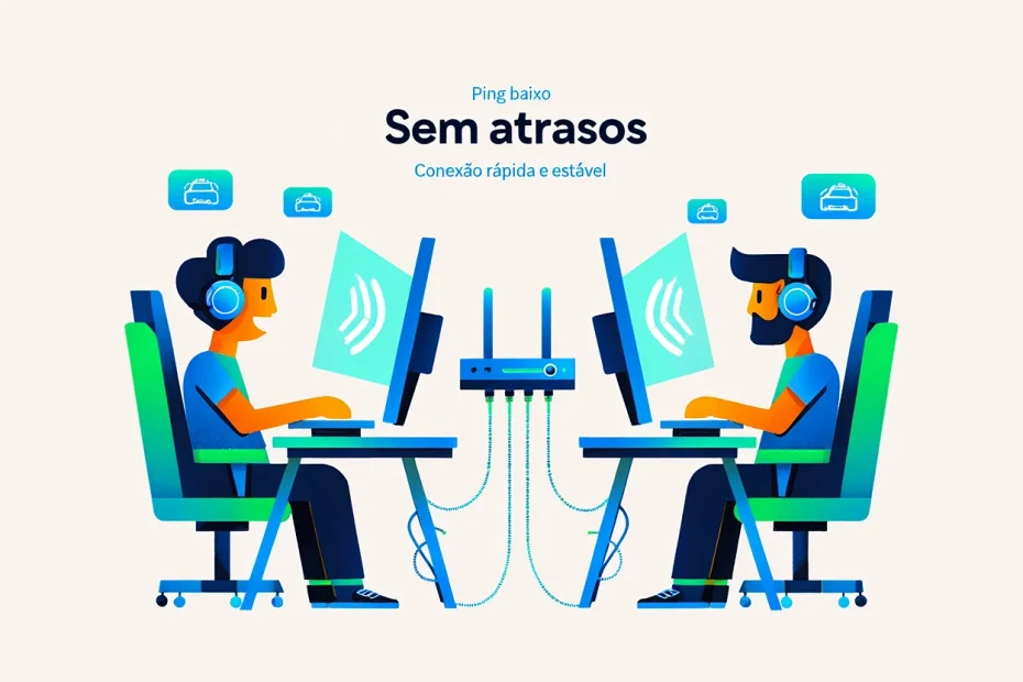 Pessoa jogando online e outra em videoconferência, conectadas a um roteador moderno via cabo ethernet, representando estratégias para reduzir a latência na internet.