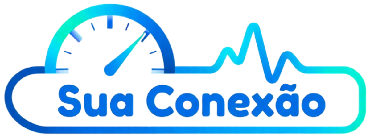 Logotipo do site Sua Conexão com velocímetro estilizado integrado a ícones de Wi-Fi e ondas digitais, representando precisão no teste de velocidade da internet.