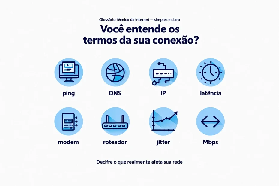 Imagem com ícones representando termos técnicos de internet como ping, jitter, DNS, IP, modem, roteador e Mbps, organizada em layout tipo glossário digital.