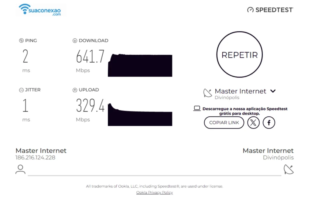 Imagem de velocímetro de internet mostrando a medição precisa da velocidade de download, upload e ping em um teste de conexão. Ideal para verificar se sua conexão está dentro do contratado.
