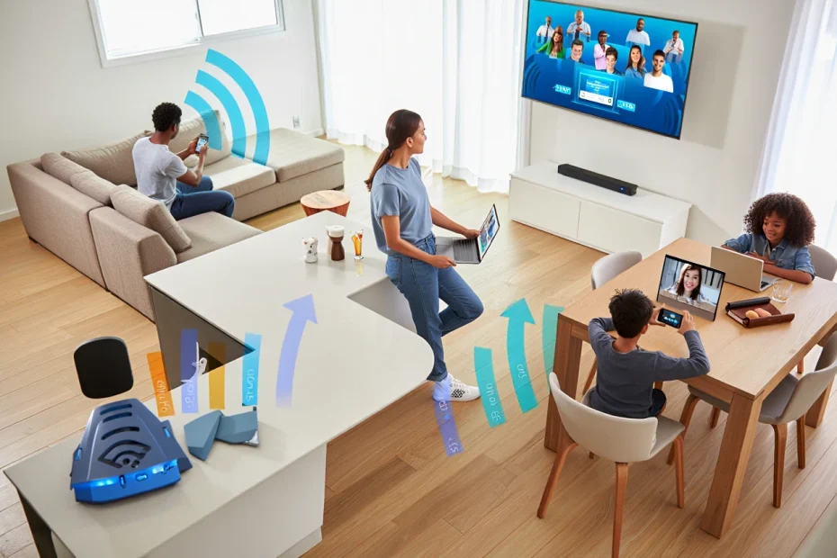 Casa com vários moradores conectados em diferentes dispositivos – TV, videogame, notebook e smartphone – mostrando a divisão da velocidade de internet entre todos ao mesmo tempo.
